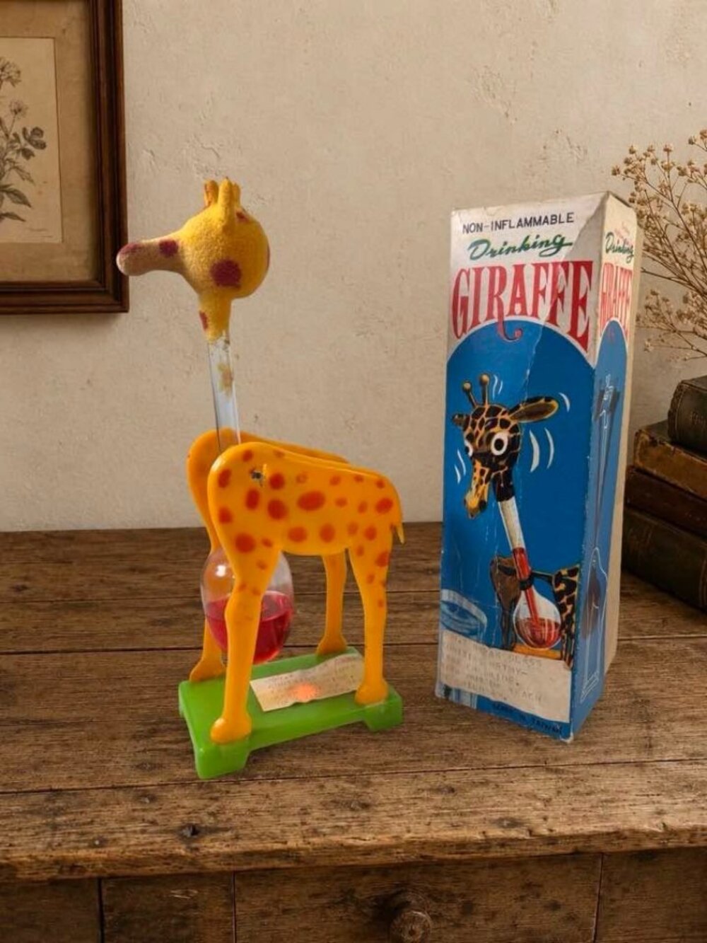 Vintage Drinking Giraffe Toy Non-Inflammable With Original Box Yellow & Red Desi